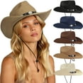 thumbnail image 1 of Womens Men Western Straw Cowboy Hat with Wind Lanyard Summer Hat Sun Hat Cowboy Style UPF 50+ Beach Hat, 1 of 2