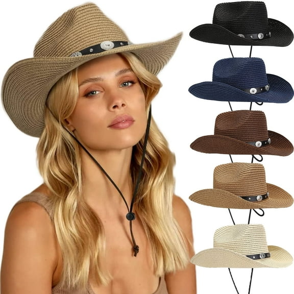 Womens Men Western Straw Cowboy Hat with Wind Lanyard Summer Hat Sun Hat Cowboy Style UPF 50+ Beach Hat