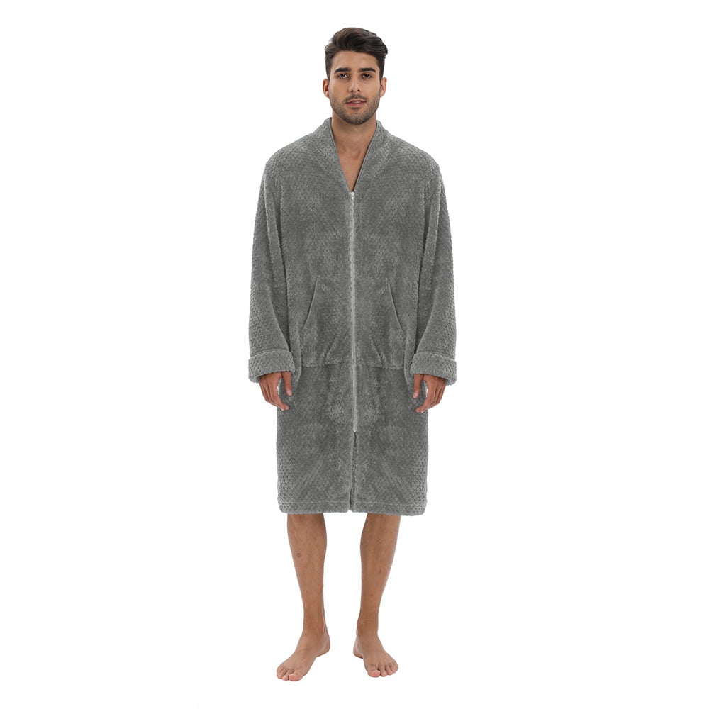 Womens/Men Winter Fleece Robe Plush Long Zipfront Bathrobe with