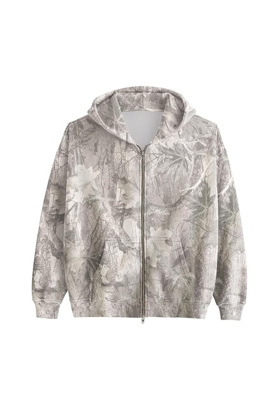 Womens Mens Camo Zip Up Hoodie Maple Leaf Print Oversized Hooded Sweatshirt Fleece Long Sleeve Jacket Light Gray S