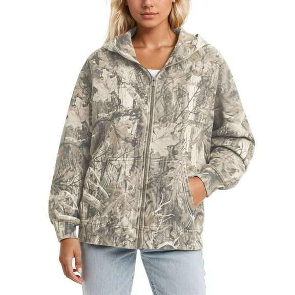 Womens Mens Camo Zip Up Hoodie Maple Leaf Print Oversized Hooded Sweatshirt Fleece Long Sleeve Jacket, XXS-6XL