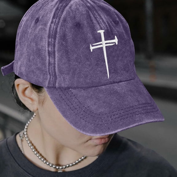 Womens and Mens Christian Jesus Cross Baseball Cap, Easter Cross Embroidered Adjustable Unisex Dad Hat, Retro Washed Vintage Cotton Curved Brim Baseball Cap for Summer Outdoor and Casual Wear Purple