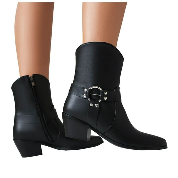 Womens Mens Cowboy Boots Classic Leather Buckle Pointed Toe Chunky Heels Wide Mid Calf Cowgirl Riding Work Booties