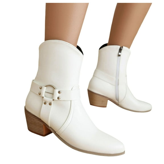 Womens Mens Cowboy Boots Classic Leather Buckle Pointed Toe Chunky Heels Wide Mid Calf Cowgirl Riding Work Booties