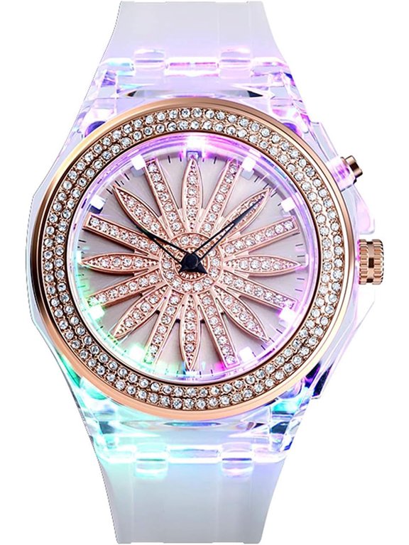 Womens Mens Fashion Starry Sky Flower Quartz Watch Crystal Dial with LED Backlight Waterproof Resin Strap