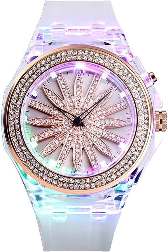 Womens Mens Fashion Starry Sky Flower Quartz Watch Crystal Dial with LED Backlight Waterproof Resin Strap