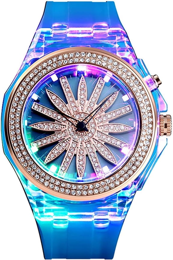 Womens Mens Fashion Starry Sky Flower Quartz Watch Crystal Dial with LED Backlight Waterproof Resin Strap
