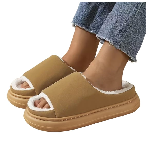 Womens Mens Fleece Lined Open Toe House Slippers Platform Non Slip Walking Shoes Vintage Suede Memory Foam Slippers Brown Size 8