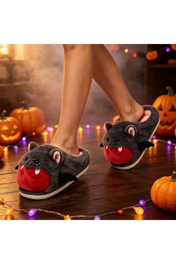 Womens Mens Funny Vampire Bat Slippers, Slip On Spooky Animal Footwear, Warm Thick Plush Material for Halloween Cosplay And Loungewear Gray 36
