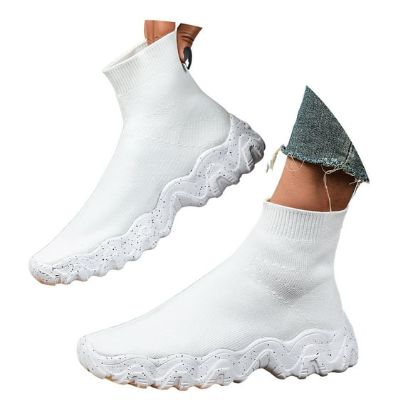 Womens Mens High Top Fashion Sneakers Slip on Socks Shoes Casual Comfortable Knitted Chunky Walking Shoes