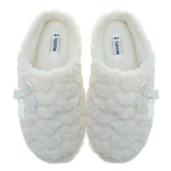 Womens Mens Indoor Slippers Winter Warm Fuzzy Plush Fur Anti-Slip House Bedroom Slippers (US 9-10, Ivory)