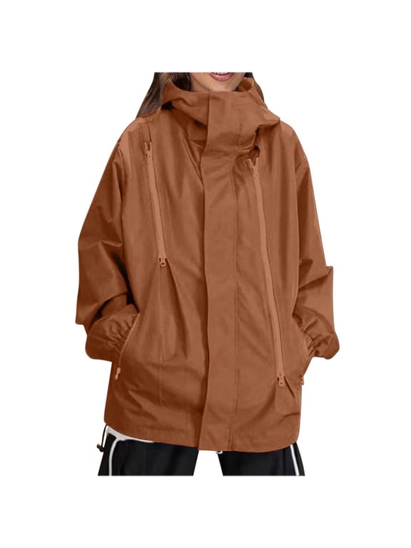 Womens Mens Plus Size Rain Jackets Hooded Waterproof Windproof Raincoat with Zipper Pockets Loose Zip Up Windbreaker Coat Brown 5XL
