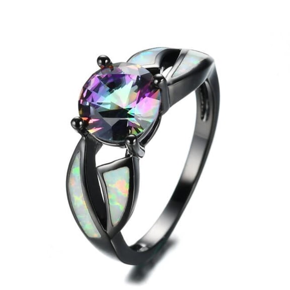 Fire Opal Ring Charm Jewelry Colorful Rainbow Sapphire Engagement Ring Copper Gold Inlaid Gemstone Ring for Women and Men