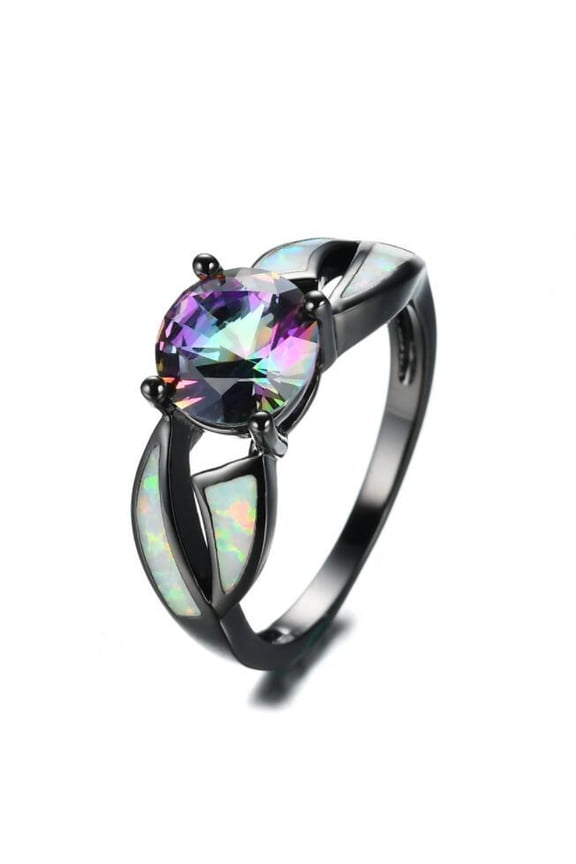 Fire Opal Ring Charm Jewelry Colorful Rainbow Sapphire Engagement Ring Copper Gold Inlaid Gemstone Ring for Women and Men