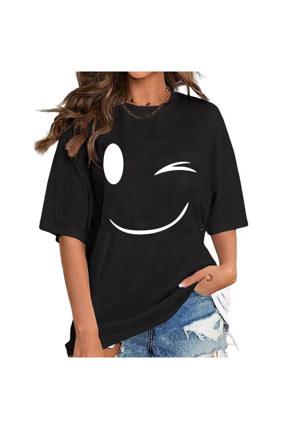 Womens & Mens Smiling Face Wink Pattern T Shirts Fashion Graphic Tees Short Sleeve Cotton Classic Tops popular InS-style pattern round neck is trendy Black,M