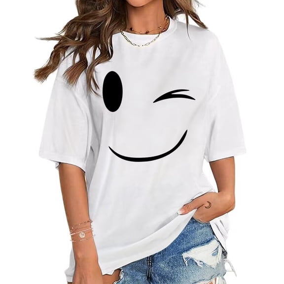 Womens & Mens Smiling Face Wink Pattern T Shirts Fashion Graphic Tees Short Sleeve Cotton Classy Cotton Graphic Tops White,2XL