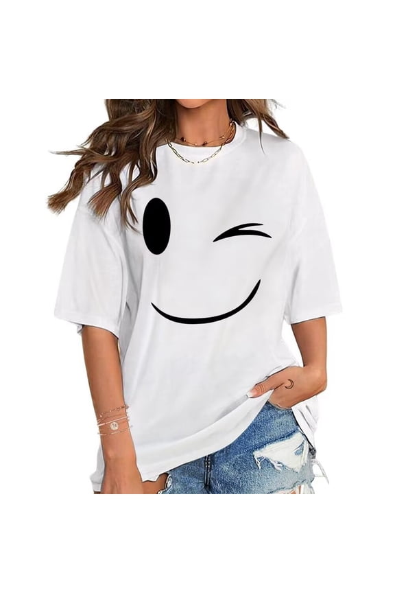 Womens & Mens Smiling Face Wink Pattern T Shirts Fashion Graphic Tees Short Sleeve Cotton Classy Cotton Graphic Tops White,4XL