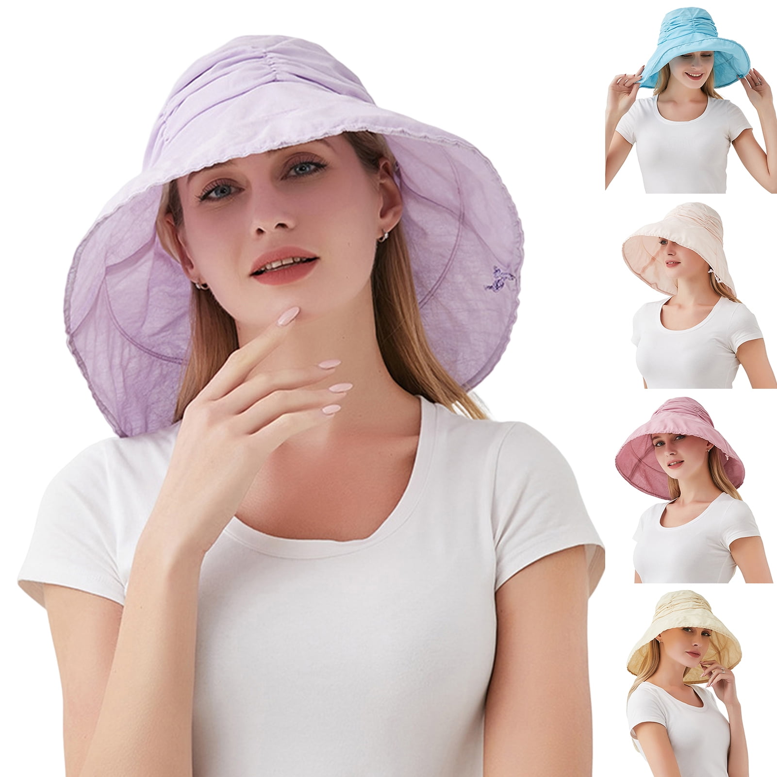 Womens Mens Sun Hat UPF 50+ Pleated Round Retractable Brim Women Beach