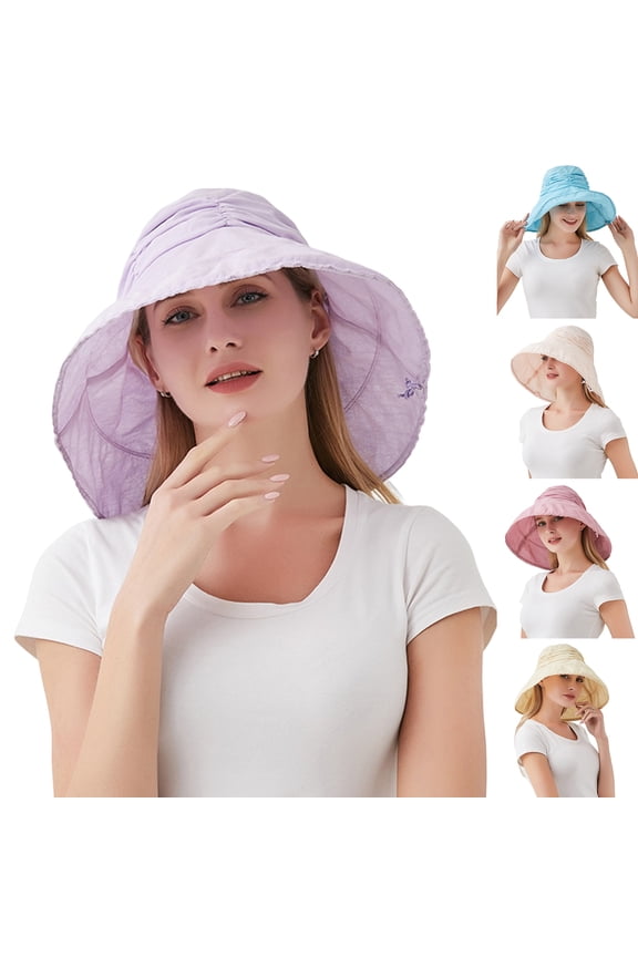 Womens Mens Sun Hat UPF 50+ Pleated Round Retractable Brim Women Beach Hat Headwear