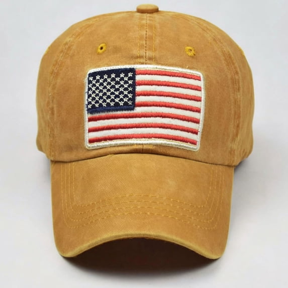Womens and Mens USA Flag Embroidery Baseball Cap, Washed Vintage Cotton Unisex Dad Hat, Adjustable Casual American Flag Embroidered Cap for Daily Wear Outdoor Activities and Beach Vacation Gold