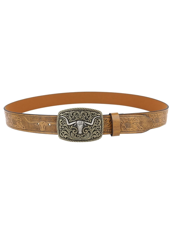 Womens Mens Western Cowboy Belt Bull Head Big Buckle Trend Retro Youth Retro Punk Leather Belt Country Concert Rodeo Dress Up