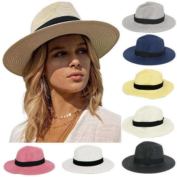 Womens Mens Wide Brim Straw Panama Hat Fedora Summer Beach Sun Hat Straw Hat for Women