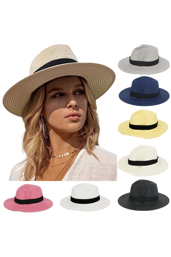 Womens Mens Wide Brim Straw Panama Hat Fedora Summer Beach Sun Hat Straw Hat for Women