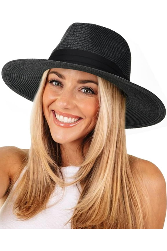 Womens Mens Wide Brim Straw Panama Hat Fedora Summer Beach Sun Hat UPF Straw Hat for Women