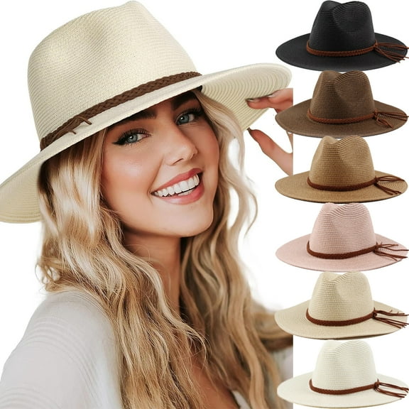 Womens Mens Wide Brim Straw Panama Hat Fedora Summer Beach Sun Hat UPF Straw Hat