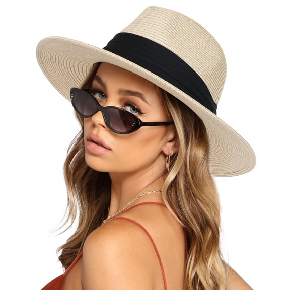 Womens Mens Wide Brim Straw Panama Hat Summer Beach Sun Hat UPF Straw Hat for Women Khaki-Beige