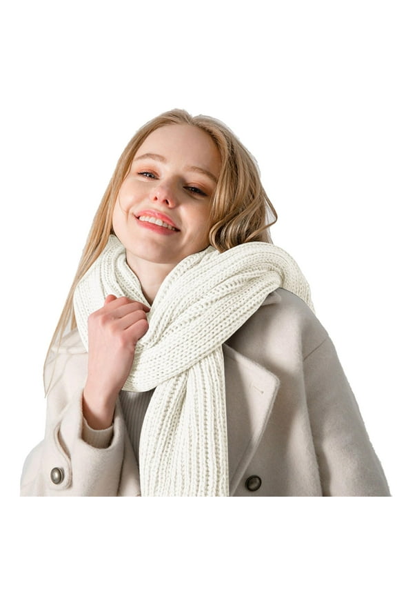 Womens Mens Winter Scarf Cold Weather Thick Cable Knit Wrap Chunky Soft Neck Warmer Scarves for Famliy White