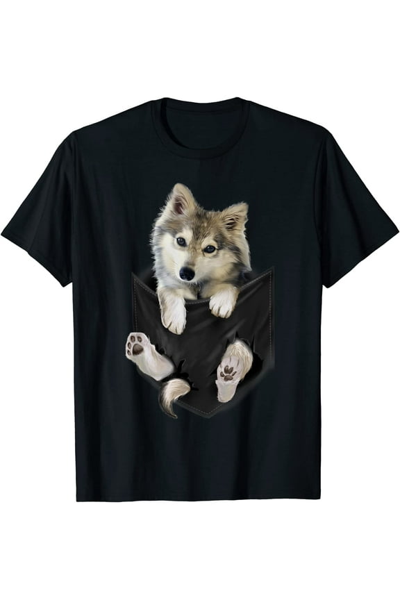 Womens Mens Wolf White Pup in Pocket T-Shirt Wolves Tee Shirt Gifts Black Tee