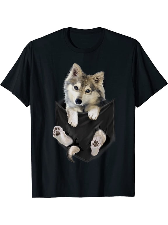 Womens Mens Wolf White Pup in Pocket T-Shirt Wolves Tee Shirt Gifts Black Tee