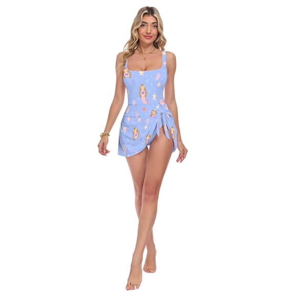 Womens Mermaid Pattern Starfish Pattern Print 2-in-1 Swim Dress Detachable Skirt One-Piece Swimsuit Square Neck S-XXL