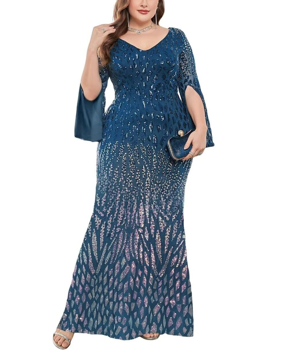 Womens Mermaid Plus Size V Neck Sequin Evening Dress Long Sleeves Mother of  The Bride Gowns Royal Blue - Walmart.com