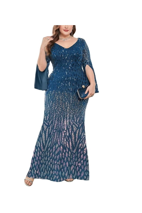 Womens Mermaid Plus Size V Neck Sequin Evening Dress Long Sleeves Mother of The Bride Gowns Royal Blue