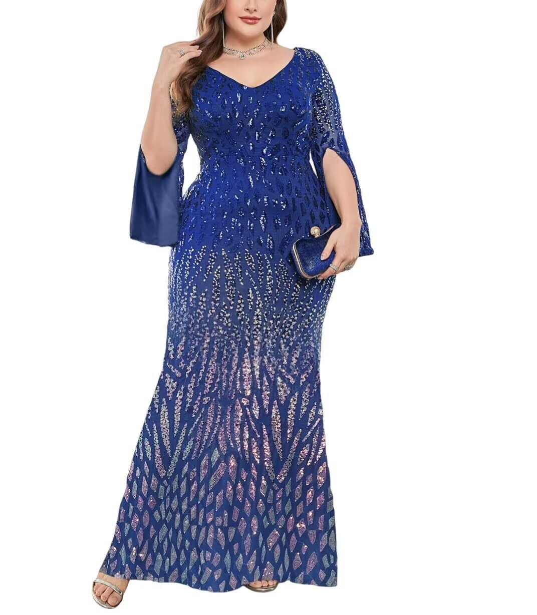 Womens Mermaid Plus Size V Neck Sequin Evening Dress Long Sleeves Mother of  The Bride Gowns Royal Blue - Walmart.com