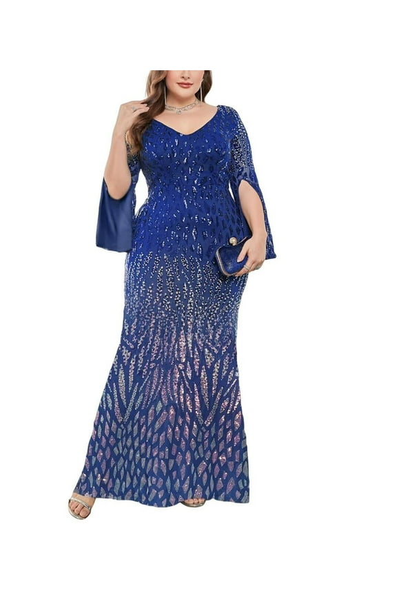Womens Mermaid Plus Size V Neck Sequin Evening Dress Long Sleeves Mother of The Bride Gowns Royal Blue