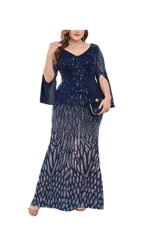 Womens Mermaid Plus Size V Neck Sequin Evening Dress Long Sleeves Mother of The Bride Gowns Royal Blue