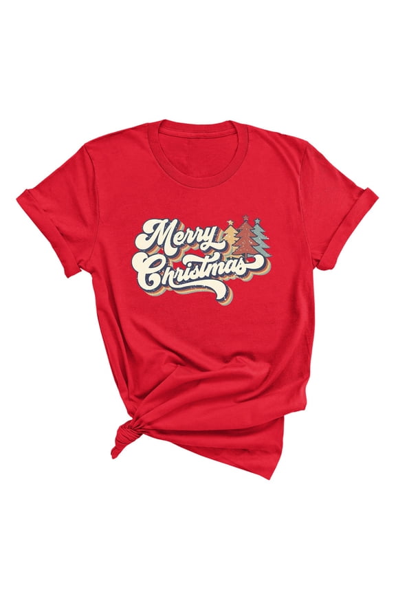 Womens Merry Christmas Tree Bright Graphic T-Shirt Short Sleeve