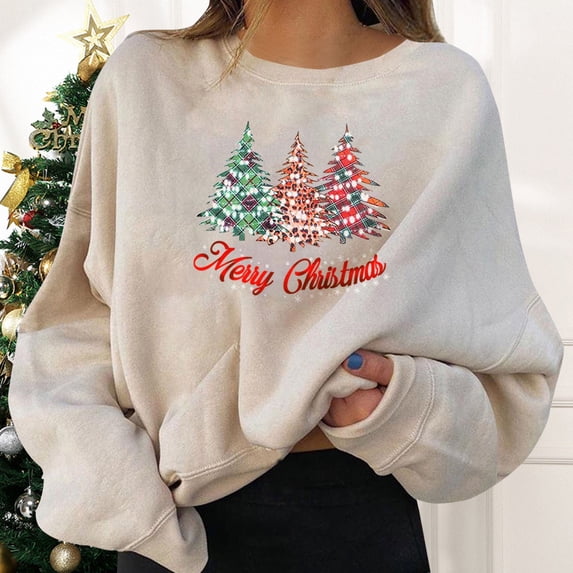 Womens Merry Christmas Tree Sweatshirt Crewneck Long Sleeve Loose Fit Pullover Top for Holiday Casual Sweatshirts