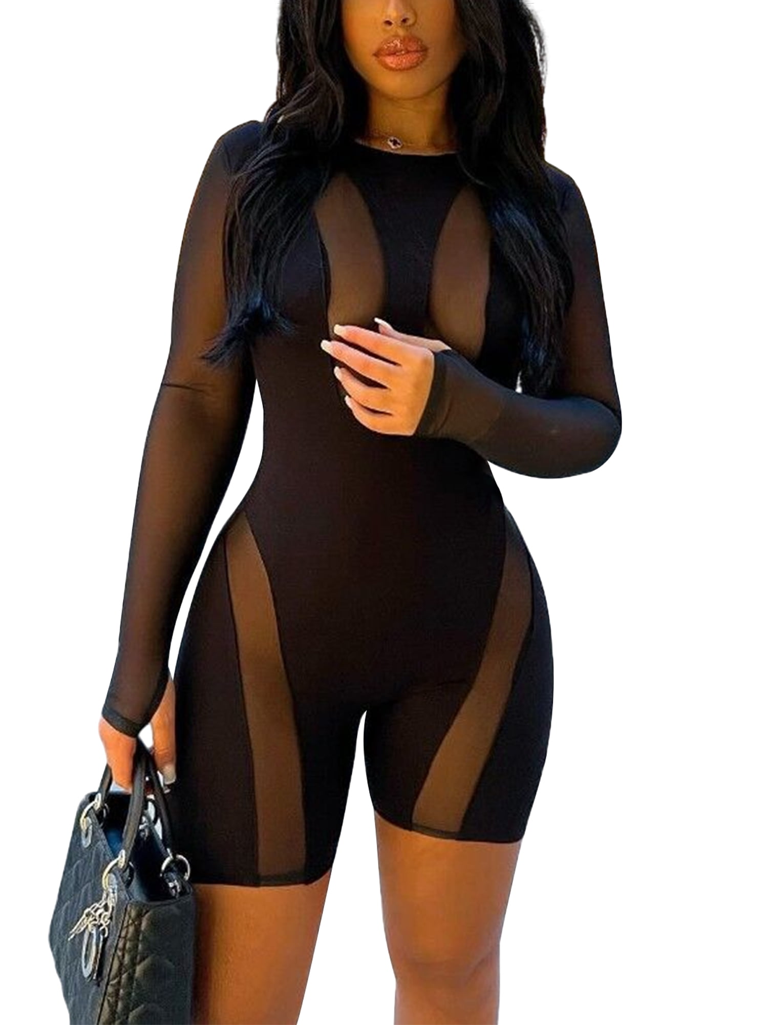 Womens Mesh Bodysuit Black Long Sleeve Bodysuit Round Neck Sheer