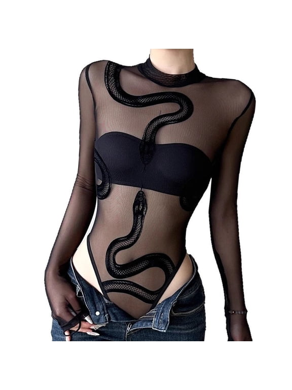 Womens Mesh Bodysuit Long Sleeve Bodysuit Round Neck Sheer Leotards Snake Bodysuit Tops Clubwear Crotch