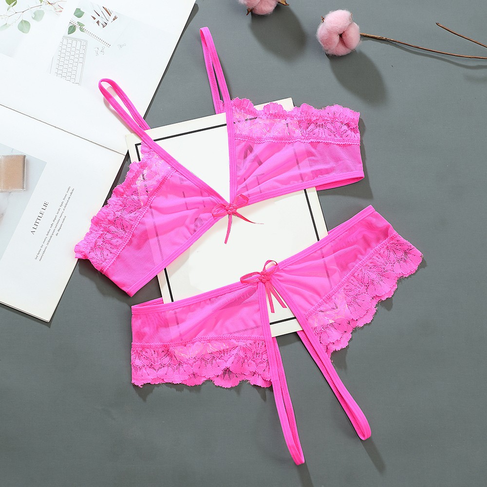 Womens Mesh Bra Set Open Crotch Lingerie Bikini GString Thong