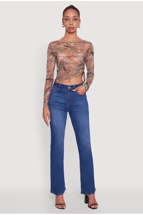 Women's Mesh Forest Camo Ruched Side Long Sleeve Crop Top
