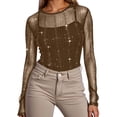 thumbnail image 1 of Womens Mesh Long Sleeve Blouse Elegant Solid Color Casual and Evening Wear Crew Neck Top Brown L, 1 of 5