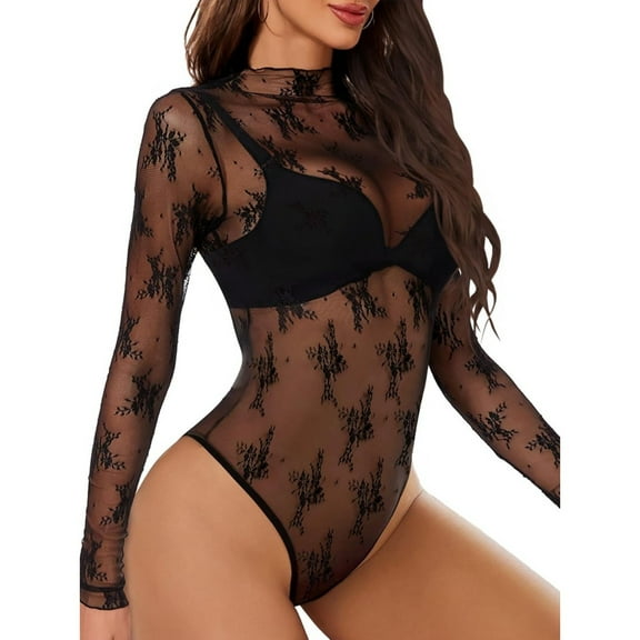 Womens Mesh Long Sleeve Bodysuit Round Neck Sheer Leotards Print Bodysuit Top with Snap Crotch