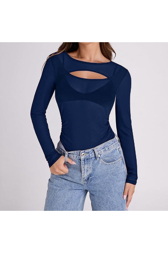 Womens Mesh Long Sleeve Crew Neck Tops Cut Out Front Side Ruched Sheer Blouse Asymmetrical Hem Party Clubwear Shirts Women Work Casual Big Shirt Spandex Women Long Sleeve Casual T Shirts for Women