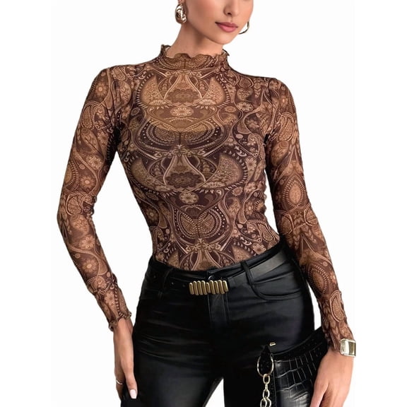 Womens Mesh Long Sleeve Tops Mock Neck Going Out See Through Shirts Sheer Blouses Clubwear Coffee Color XL