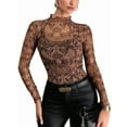 thumbnail image 1 of Womens Mesh Long Sleeve Tops Mock Neck Going Out See Through Shirts Sheer Blouses Clubwear Coffee Color XXL, 1 of 8